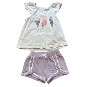 Isaac Mizrahi Short Set Kids White Purple Good Ice Cream Applique SIZE 18M